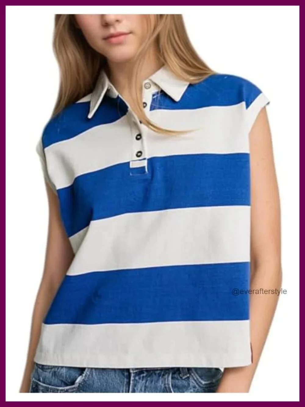 Sleeveless Rugby Striped Polo Shirt Women's Casual Cotton Spandex Button Henley